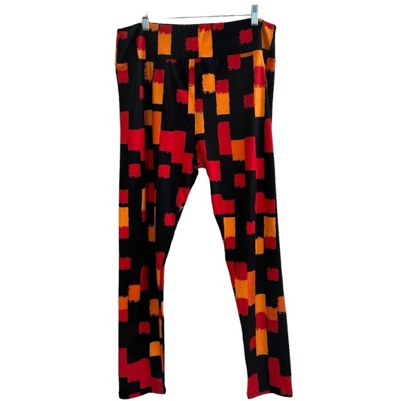 LuLaRoe Tall and Curvy Leggings - Black Red orange abstract retro squares print - Picture 3 of 4